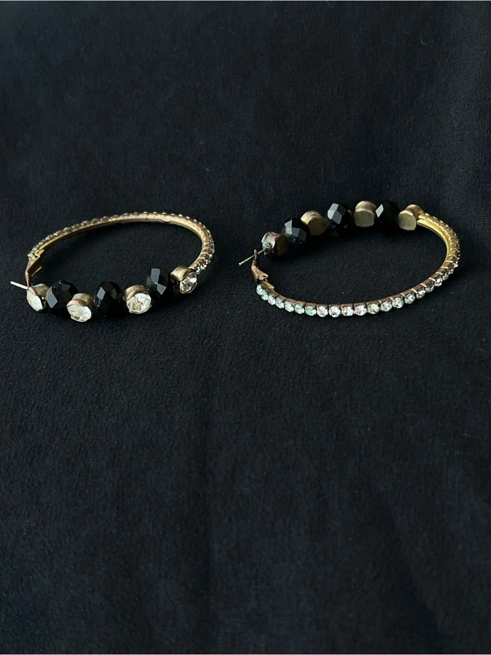 Gold Hoop Earrings with Black Beads and Clear Crystal Accents